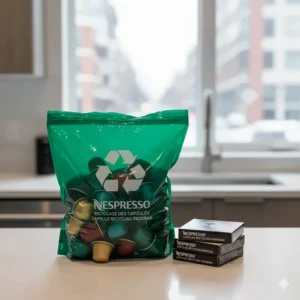 A graphic showing the Nespresso green bag recycling program available across Canada, highlighting eco-friendly coffee brewing.