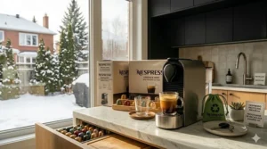 Close-up of Nespresso Essenza Mini box showing English and French bilingual labeling for the Canadian market.