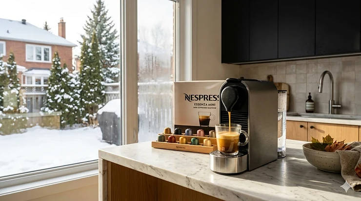 A black Nespresso Essenza Mini machine on a modern white marble countertop in a bright Canadian home kitchen.