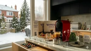 A lineup of Nespresso Essenza Mini colors, including Piano Black and Pure White, to match diverse Canadian interior designs.