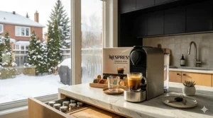 A fresh cup of espresso with rich crema brewed by a Nespresso Essenza Mini, perfect for a cold Canadian morning.