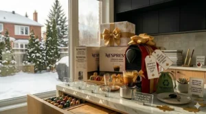 A Nespresso Essenza Mini wrapped as a gift, a popular choice for Canadian holidays, weddings, or housewarmings.