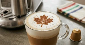 A high-resolution macro photograph of a Nespresso latte made in Canada, featuring precise maple leaf latte art created with cinnamon dust in the foam. Natural daylight illuminates the cup.