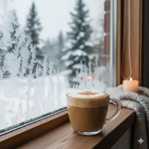 A cozy illustration of a frothy cappuccino made with a Nespresso machine, viewed through a frost-covered window during a Canadian winter.
