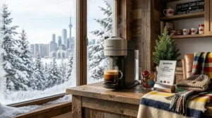 An illustration of a Nespresso Vertuo machine with "Le meilleur café" and "Best coffee" text overlays for the Quebec and ROE markets.