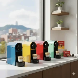 A colorful illustration of the Nespresso Vertuo Pop available in Canada, featuring vibrant colors suited for a modern Montreal apartment aesthetic.