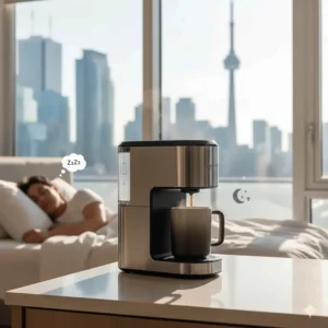 Alt text for image 3: Illustration of a peaceful morning in a Montreal condo where a silent coffee machine brews while a partner sleeps nearby.