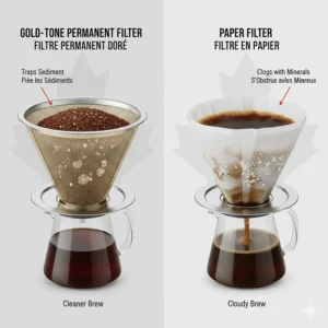 A side-by-side comparison of a gold-tone permanent filter and a paper filter, demonstrating how to achieve a cleaner brew in areas with high mineral water content.