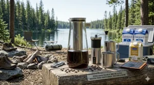 Illustration of a portable cold brew maker being used at a Canadian campsite for fresh outdoor coffee.