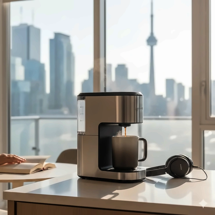Alt text for image 1: A sleek, quiet coffee maker on a modern kitchen counter in a downtown Toronto apartment, brewing a morning cup without disturbing the household.
