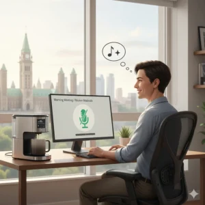 Alt text for image 7: An illustration of a professional working from home in Ottawa, enjoying a fresh brew from a silent machine during a morning meeting.