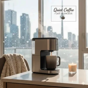 Alt text for image 8: A cozy scene featuring a quiet coffee maker brewing a hot cup while snow falls outside a Canadian apartment window.