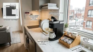 Diagram showing a compact Keurig dimensions fitting perfectly under standard Canadian kitchen cabinets.