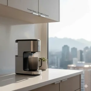 Alt text for image 4: A compact, quiet coffee maker designed to fit under kitchen cabinets in a space-conscious Vancouver studio apartment.