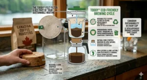 An eco-conscious illustration of the non-electric Toddy cold brew system, popular in sustainable Canadian households.