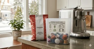 A close-up photorealistic 4K image showing a detailed recycling bin display on a Canadian kitchen countertop for a Nespresso machine that makes lattes, featuring a distinctive red and white patterned recycling bag, clear bilingual instructions, multi-colored aluminum capsules, and a potted plant with a 'RECYCLED ALUMINUM POT' label, all under natural light near a large window.