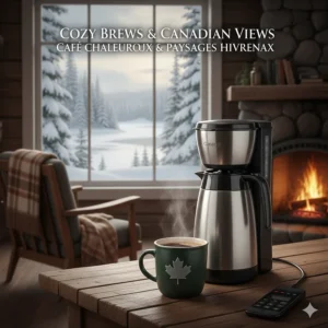A cozy winter scene in a Canadian log cabin featuring a thermal coffee carafe and a maple leaf mug with a view of a snowy landscape and a fireplace.