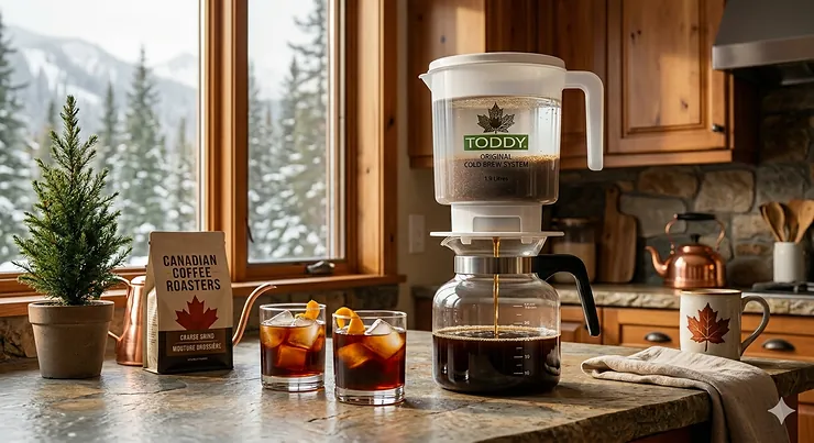 A Toddy cold brew system brewing fresh coffee concentrate on a modern Canadian kitchen countertop during a bright morning.