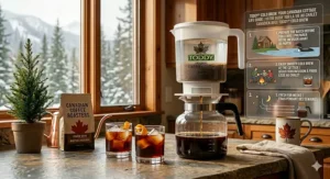 A cozy illustration of the Toddy cold brew system sitting on a wooden table at a Canadian lakeside cottage.