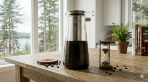 Illustration of cold brew coffee served iced for Canadian summers and heated for cold winter mornings.