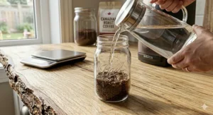 Pouring cold filtered water over coffee grounds to begin the slow steeping process.