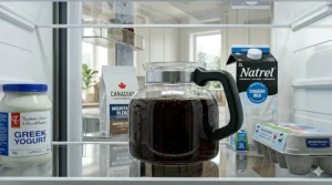 A multi capsule compatible coffee maker brewing a hot latte next to an iced coffee, perfect for Canada’s extreme seasonal temperature shifts.