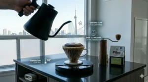 Detailed illustration of the water distribution from an electric pour over coffee maker into a glass carafe.