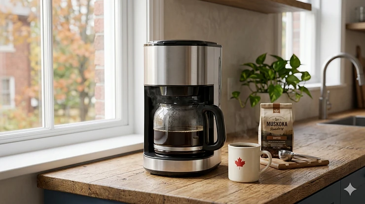 Modern stainless steel drip coffee maker under $100 on a kitchen counter in a Canadian home, brewing fresh morning coffee. coffee maker under $100