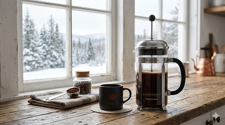 A premium stainless steel French press coffee maker on a wooden kitchen island with a snowy Canadian landscape visible through the window.