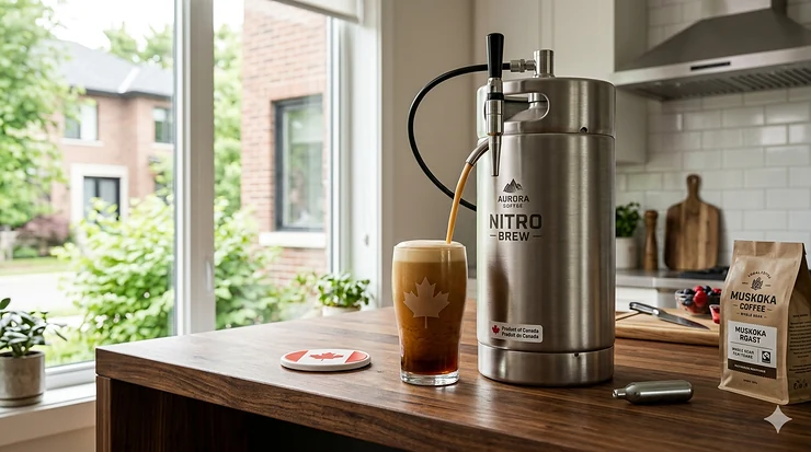 featured-image: A premium nitro cold brew maker on a modern kitchen island in a Toronto condo, pouring a creamy coffee with a rich head of foam.
