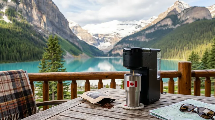 A photorealistic 4K image of a portable travel single serve coffee maker brewing into a Canadian flag travel mug on a rustic balcony, overlooking the Rocky Mountains and a turquoise lake at Lake Louise.
