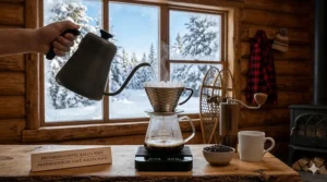 A bilingual English and French illustration of the Kalita Wave coffee maker (cafetière) brewing steps.