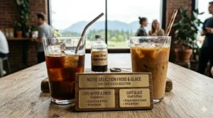 A highly detailed photorealistic illustration set in a Vancouver cafe, featuring a custom, split ceramic and wood menu block that clearly displays French and English terminology for Cold Brew (CAFÉ INFUSÉ À FROID) and Iced Coffee.