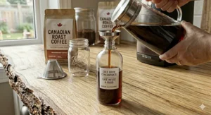 A bottle of fresh homemade cold brew concentrate (café infusé à froid) kept in a Canadian kitchen.