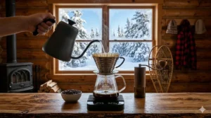 Cozy illustration of a Kalita Wave coffee maker being used in a snowy Canadian cabin setting.