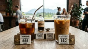 A photorealistic illustration comparing the caffeine levels in Canadian cold brew vs iced coffee, featuring custom descriptive plaques with energy indicators next to the specific glasses on a Vancouver cafe table under natural light.