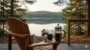 A cozy illustration of a French press coffee maker on a Muskoka chair by a lake, perfect for Canadian camping trips.