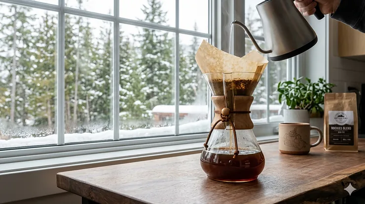 A Chemex coffee maker sitting on a wooden kitchen counter in a bright Canadian home, with a snowy pine forest visible through the window.