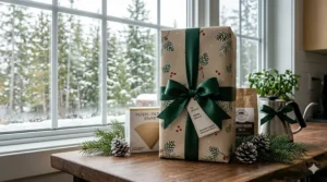 Illustration of a Chemex coffee maker wrapped as a holiday gift, positioned as a premium kitchen essential for Canadian coffee lovers.