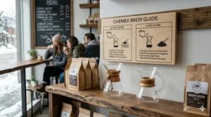 Minimalist graphic showing a Chemex coffee maker with bilingual labels for "Slow Coffee" and "Café filtre" for Canadian consumers.