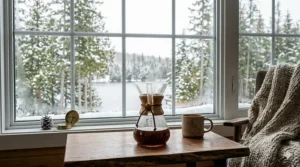 Illustration of a Chemex coffee maker on a rustic table at a Canadian cottage, capturing the "slow living" morning aesthetic.