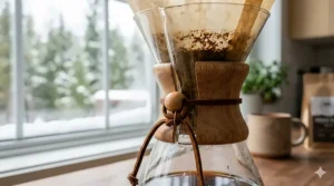 Detailed illustration of the iconic Chemex coffee maker glass carafe and polished wood collar with a leather tie.