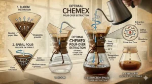 Technical diagram showing the water flow through a Chemex coffee maker for the perfect pour-over extraction.