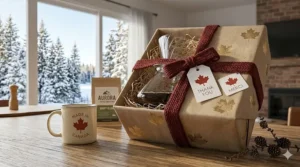 A pour over coffee maker wrapped as a gift with a "Merci" and "Thank You" tag.