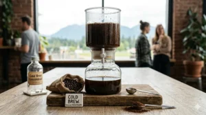 A highly detailed photorealistic illustration showing coarse coffee grounds soaking and extracting in cold water within a large glass immersion vessel on a rustic cafe table, demonstrating the cold brew brewing method.