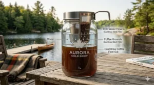 A detailed photorealistic 4K technical illustration showing a cross-section view of the Aurora Mason Jar Cold Brew Kit and the immersion filtration process.