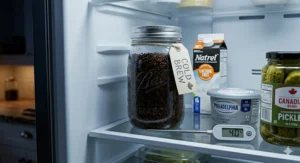 A sealed jar of coffee steeping in a refrigerator, highlighting the 12 to 24-hour wait time.
