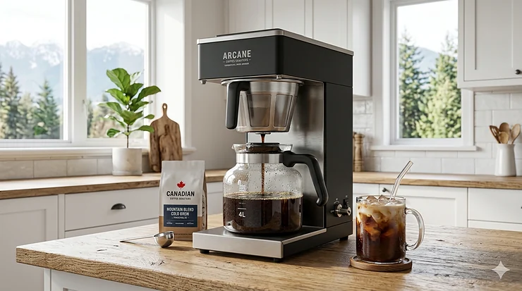A professional-grade commercial cold brew maker for home use in a modern Canadian kitchen setting with natural morning light.