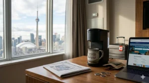 A minimalist travel single serve coffee maker on a hotel desk with a blurred view of the Toronto CN Tower through the window.