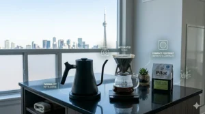 A minimalist illustration of a space-saving electric pour over coffee maker on a small condo kitchen island.